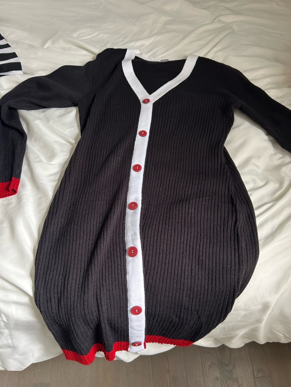 VENUS Black Ribbed Button-Front Dress with White Trim and Red Accents